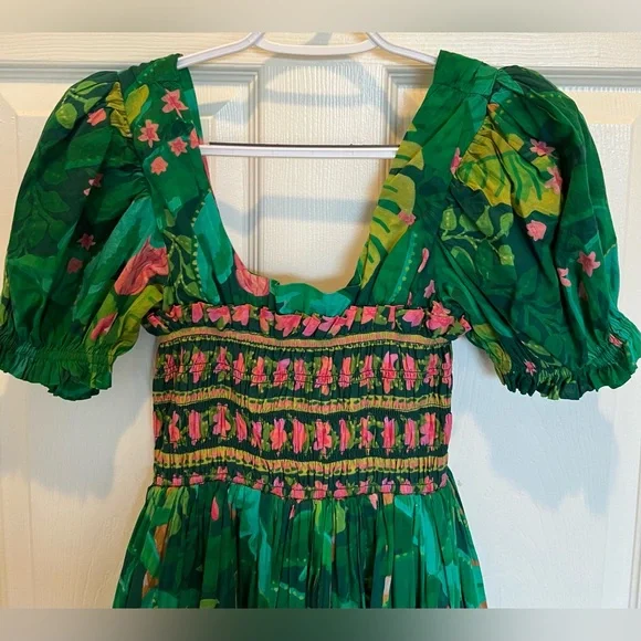 Farm Rio for Anthropologie Green Tropical Smocked Puff Sleeve Maxi Dress XXS - Picture 6 of 11